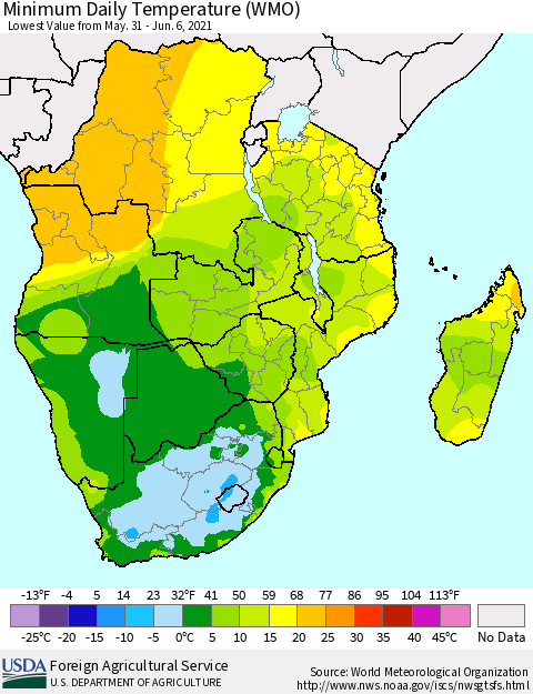 Southern Africa Minimum Daily Temperature (WMO) Thematic Map For 5/31/2021 - 6/6/2021