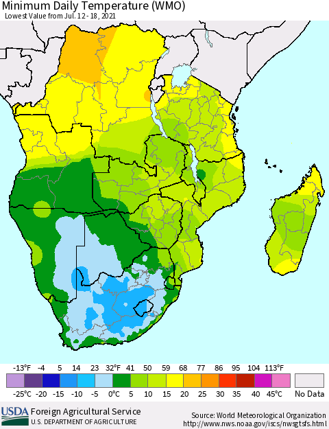 Southern Africa Minimum Daily Temperature (WMO) Thematic Map For 7/12/2021 - 7/18/2021