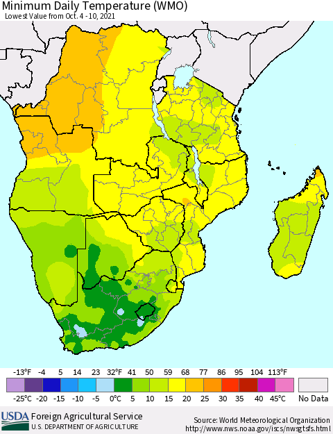 Southern Africa Minimum Daily Temperature (WMO) Thematic Map For 10/4/2021 - 10/10/2021