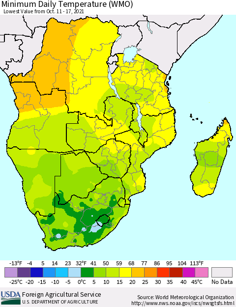 Southern Africa Minimum Daily Temperature (WMO) Thematic Map For 10/11/2021 - 10/17/2021