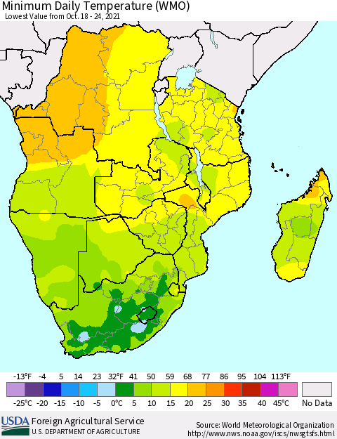 Southern Africa Minimum Daily Temperature (WMO) Thematic Map For 10/18/2021 - 10/24/2021