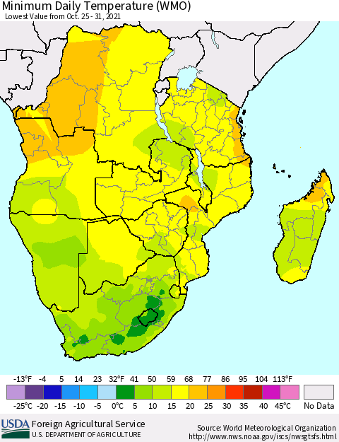 Southern Africa Minimum Daily Temperature (WMO) Thematic Map For 10/25/2021 - 10/31/2021