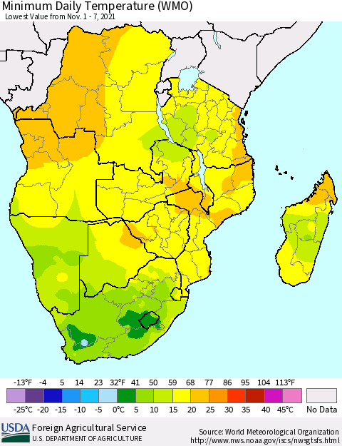 Southern Africa Minimum Daily Temperature (WMO) Thematic Map For 11/1/2021 - 11/7/2021