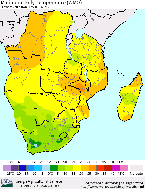 Southern Africa Minimum Daily Temperature (WMO) Thematic Map For 11/8/2021 - 11/14/2021