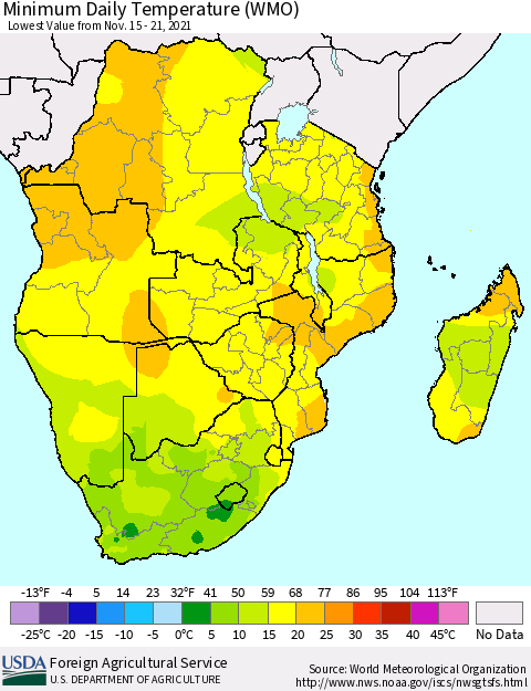 Southern Africa Minimum Daily Temperature (WMO) Thematic Map For 11/15/2021 - 11/21/2021