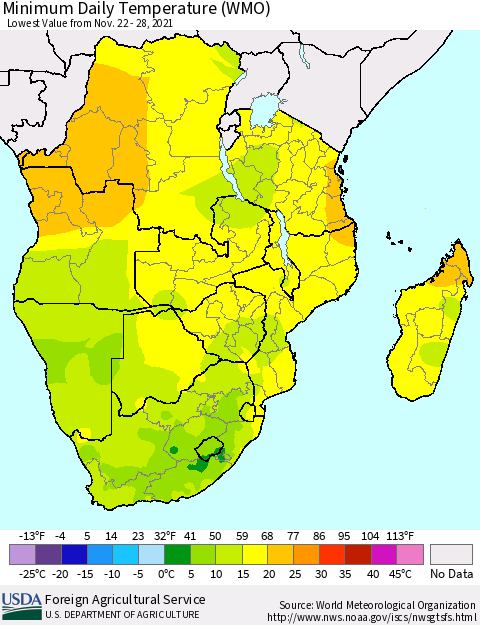 Southern Africa Minimum Daily Temperature (WMO) Thematic Map For 11/22/2021 - 11/28/2021