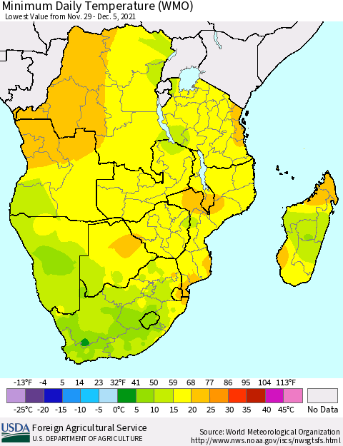 Southern Africa Minimum Daily Temperature (WMO) Thematic Map For 11/29/2021 - 12/5/2021