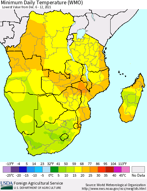 Southern Africa Minimum Daily Temperature (WMO) Thematic Map For 12/6/2021 - 12/12/2021