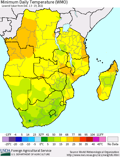 Southern Africa Minimum Daily Temperature (WMO) Thematic Map For 12/13/2021 - 12/19/2021