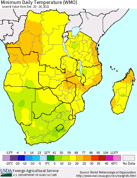 Southern Africa Minimum Daily Temperature (WMO) Thematic Map For 12/20/2021 - 12/26/2021