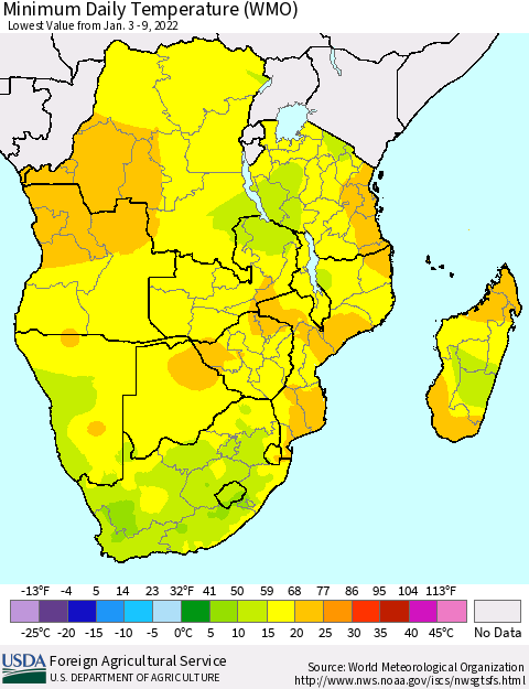 Southern Africa Minimum Daily Temperature (WMO) Thematic Map For 1/3/2022 - 1/9/2022