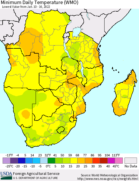 Southern Africa Minimum Daily Temperature (WMO) Thematic Map For 1/10/2022 - 1/16/2022