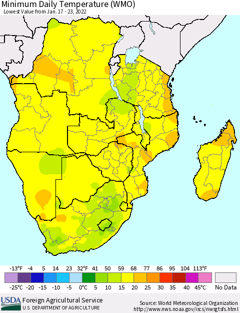Southern Africa Minimum Daily Temperature (WMO) Thematic Map For 1/17/2022 - 1/23/2022