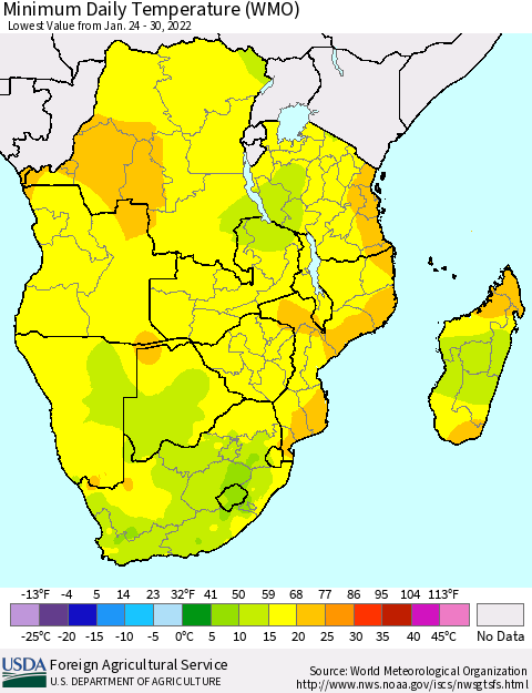 Southern Africa Minimum Daily Temperature (WMO) Thematic Map For 1/24/2022 - 1/30/2022