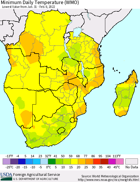 Southern Africa Minimum Daily Temperature (WMO) Thematic Map For 1/31/2022 - 2/6/2022