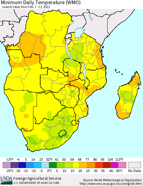 Southern Africa Minimum Daily Temperature (WMO) Thematic Map For 2/7/2022 - 2/13/2022