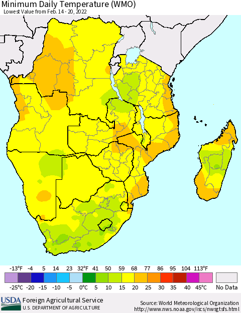 Southern Africa Minimum Daily Temperature (WMO) Thematic Map For 2/14/2022 - 2/20/2022