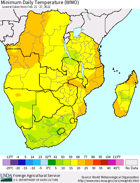 Southern Africa Minimum Daily Temperature (WMO) Thematic Map For 2/21/2022 - 2/27/2022