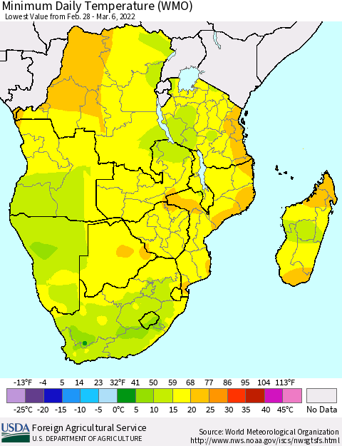 Southern Africa Minimum Daily Temperature (WMO) Thematic Map For 2/28/2022 - 3/6/2022