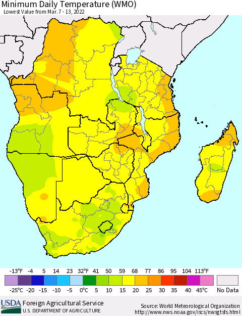 Southern Africa Minimum Daily Temperature (WMO) Thematic Map For 3/7/2022 - 3/13/2022