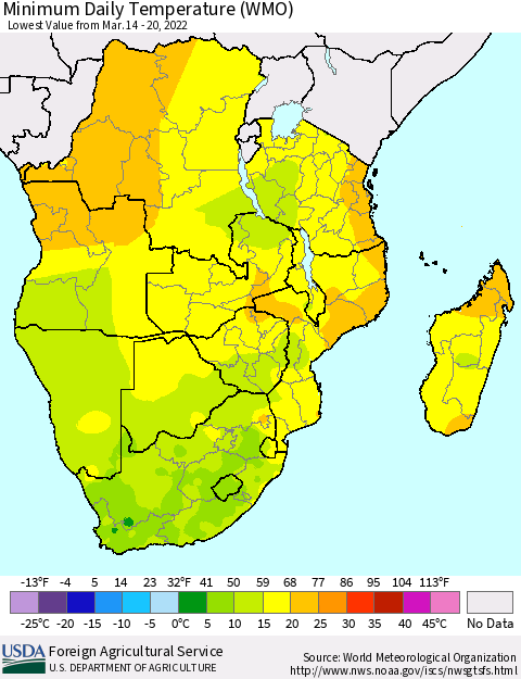 Southern Africa Minimum Daily Temperature (WMO) Thematic Map For 3/14/2022 - 3/20/2022