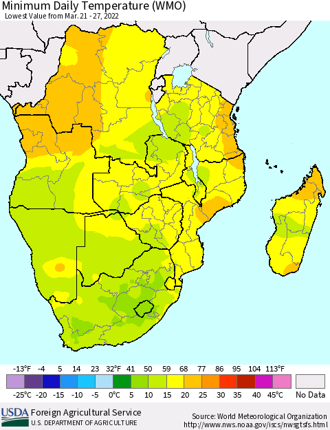 Southern Africa Minimum Daily Temperature (WMO) Thematic Map For 3/21/2022 - 3/27/2022