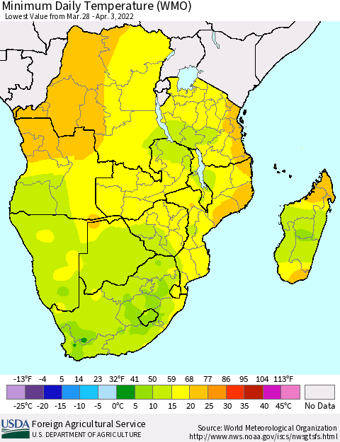 Southern Africa Minimum Daily Temperature (WMO) Thematic Map For 3/28/2022 - 4/3/2022