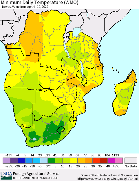 Southern Africa Minimum Daily Temperature (WMO) Thematic Map For 4/4/2022 - 4/10/2022