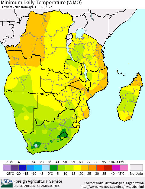 Southern Africa Minimum Daily Temperature (WMO) Thematic Map For 4/11/2022 - 4/17/2022