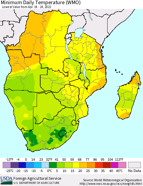 Southern Africa Minimum Daily Temperature (WMO) Thematic Map For 4/18/2022 - 4/24/2022