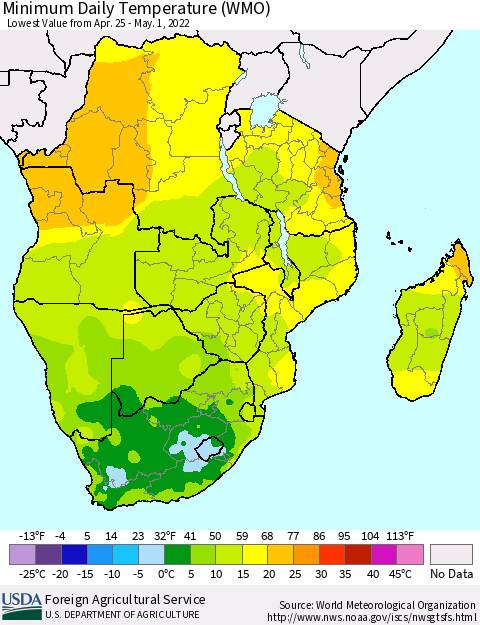 Southern Africa Minimum Daily Temperature (WMO) Thematic Map For 4/25/2022 - 5/1/2022