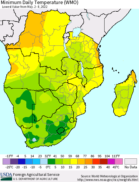 Southern Africa Minimum Daily Temperature (WMO) Thematic Map For 5/2/2022 - 5/8/2022