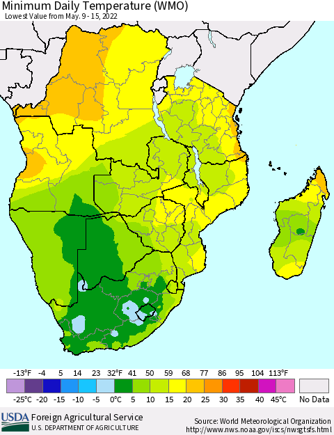 Southern Africa Minimum Daily Temperature (WMO) Thematic Map For 5/9/2022 - 5/15/2022