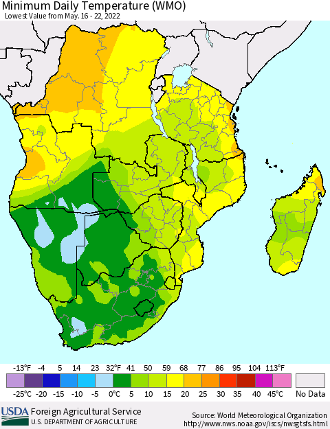 Southern Africa Minimum Daily Temperature (WMO) Thematic Map For 5/16/2022 - 5/22/2022