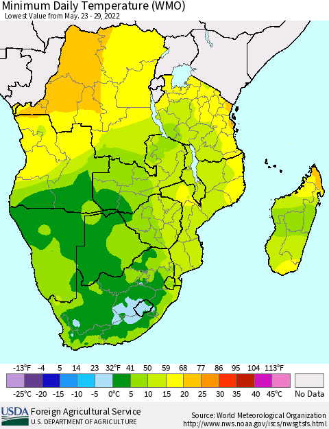 Southern Africa Minimum Daily Temperature (WMO) Thematic Map For 5/23/2022 - 5/29/2022