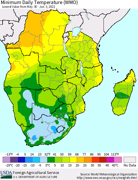 Southern Africa Minimum Daily Temperature (WMO) Thematic Map For 5/30/2022 - 6/5/2022