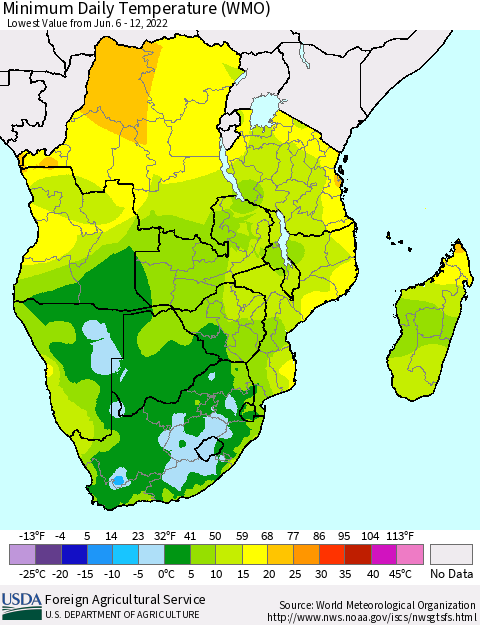 Southern Africa Minimum Daily Temperature (WMO) Thematic Map For 6/6/2022 - 6/12/2022