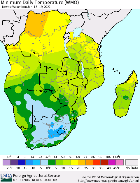 Southern Africa Minimum Daily Temperature (WMO) Thematic Map For 6/13/2022 - 6/19/2022