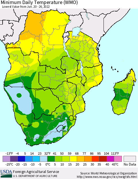 Southern Africa Minimum Daily Temperature (WMO) Thematic Map For 6/20/2022 - 6/26/2022