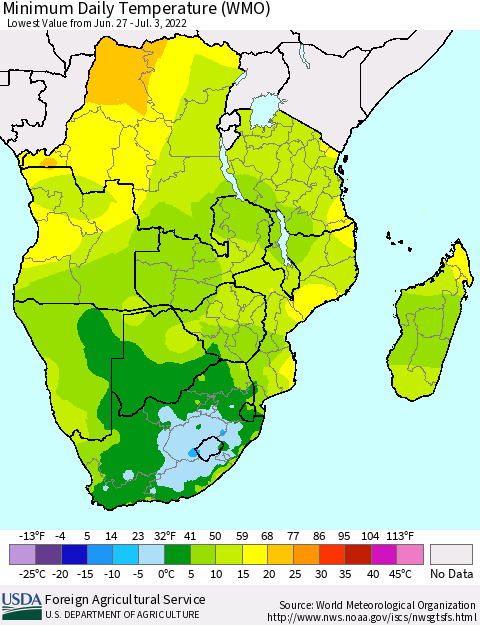 Southern Africa Minimum Daily Temperature (WMO) Thematic Map For 6/27/2022 - 7/3/2022