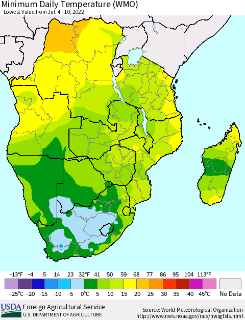 Southern Africa Minimum Daily Temperature (WMO) Thematic Map For 7/4/2022 - 7/10/2022