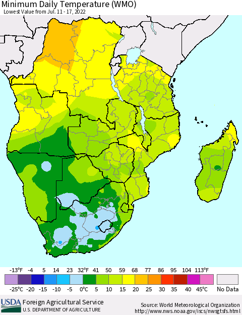 Southern Africa Minimum Daily Temperature (WMO) Thematic Map For 7/11/2022 - 7/17/2022