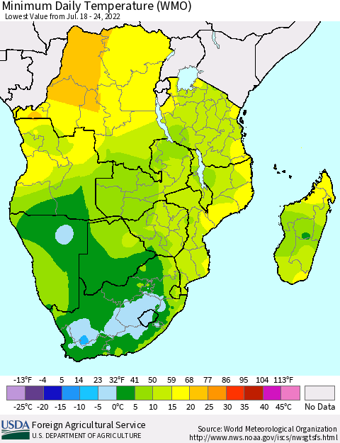 Southern Africa Minimum Daily Temperature (WMO) Thematic Map For 7/18/2022 - 7/24/2022