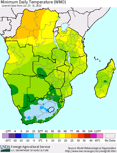 Southern Africa Minimum Daily Temperature (WMO) Thematic Map For 7/25/2022 - 7/31/2022