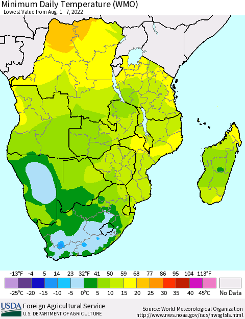 Southern Africa Minimum Daily Temperature (WMO) Thematic Map For 8/1/2022 - 8/7/2022