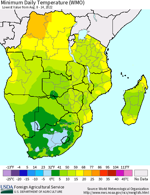 Southern Africa Minimum Daily Temperature (WMO) Thematic Map For 8/8/2022 - 8/14/2022