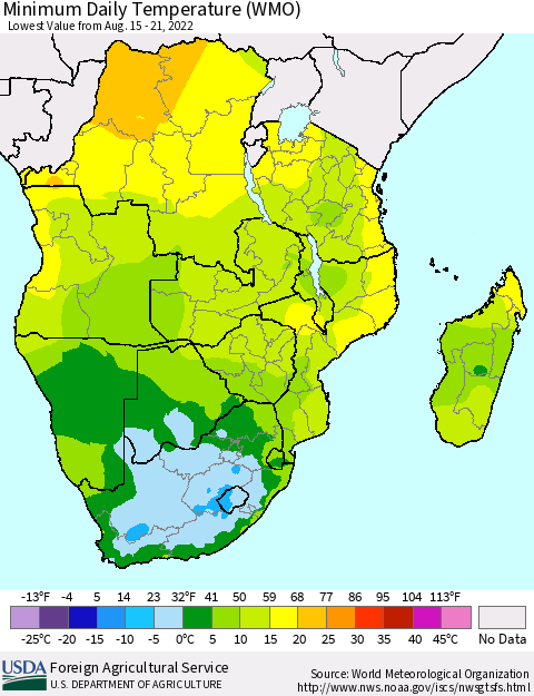 Southern Africa Minimum Daily Temperature (WMO) Thematic Map For 8/15/2022 - 8/21/2022