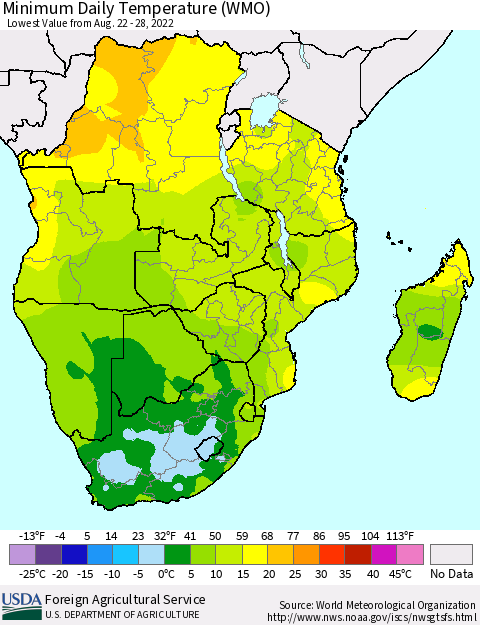 Southern Africa Minimum Daily Temperature (WMO) Thematic Map For 8/22/2022 - 8/28/2022