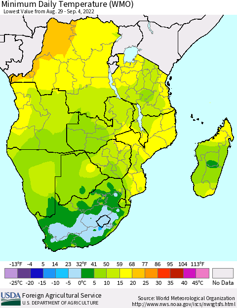 Southern Africa Minimum Daily Temperature (WMO) Thematic Map For 8/29/2022 - 9/4/2022