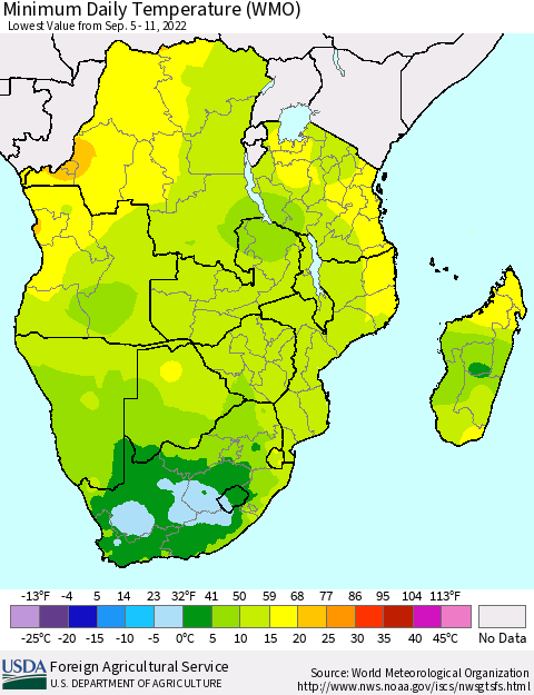 Southern Africa Minimum Daily Temperature (WMO) Thematic Map For 9/5/2022 - 9/11/2022